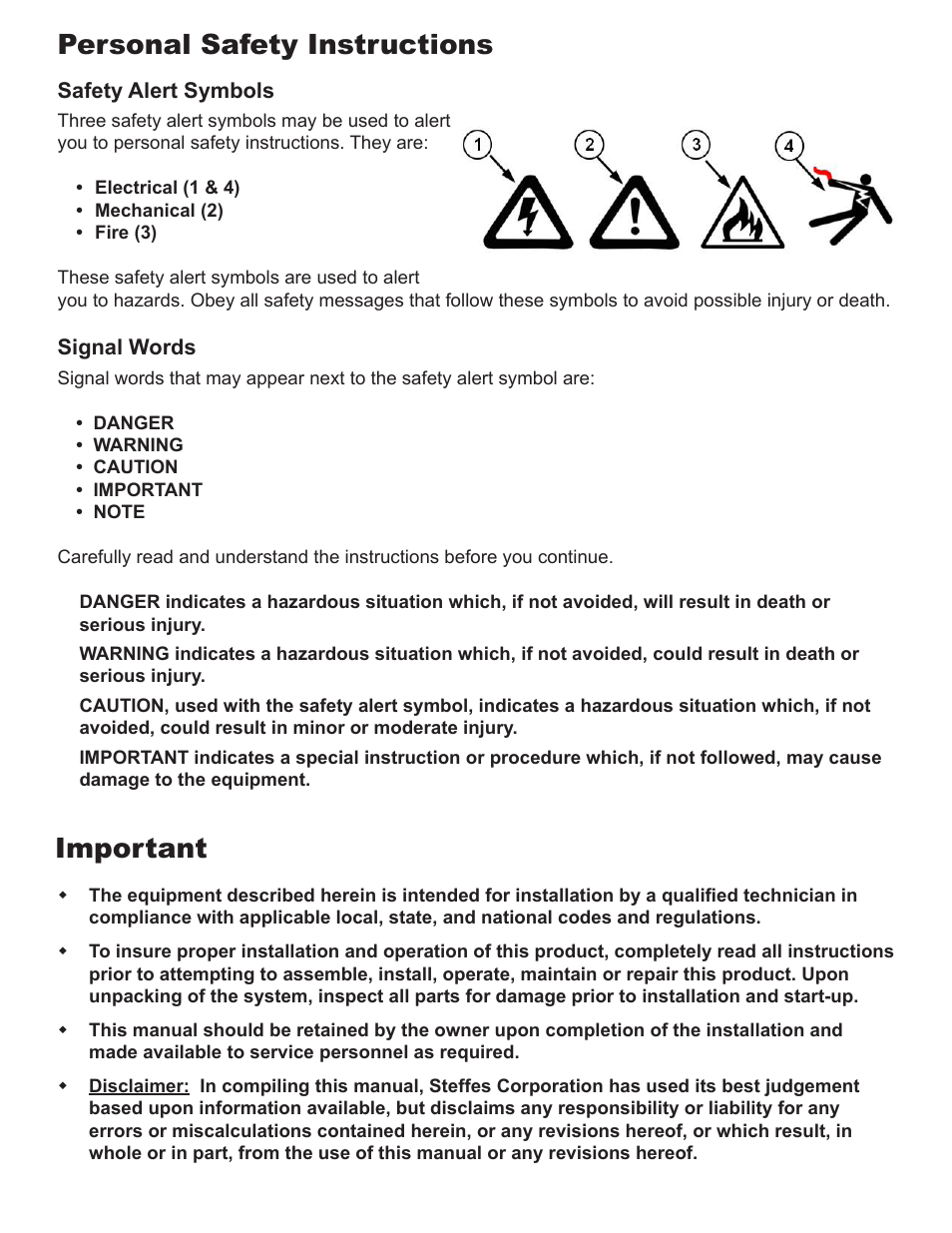 Personal safety instructions important | Steffes 2106 Owner & Installers Manual User Manual | Page 2 / 28