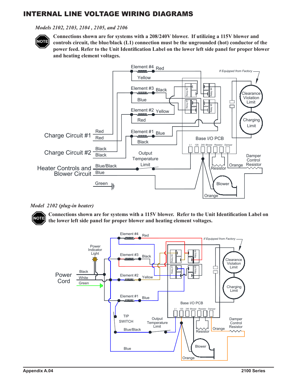 Internal line voltage wiring diagrams, Blower circuit, Charge circuit #2 heater controls and | Charge circuit #1, Power cord | Steffes 2106 Owner & Installers Manual User Manual | Page 22 / 28