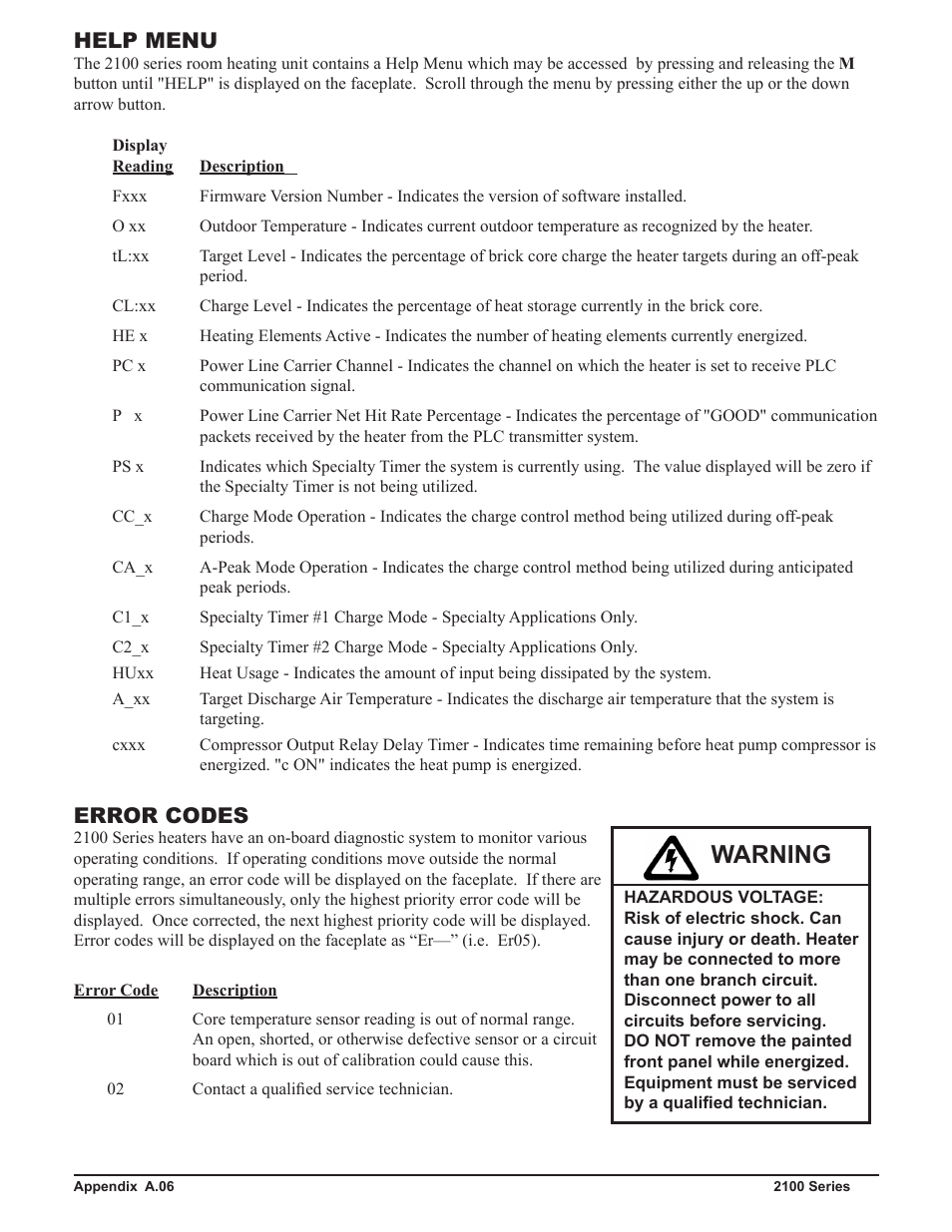 Warning, Help menu, Error codes | Steffes 2106 Owner & Installers Manual User Manual | Page 24 / 28