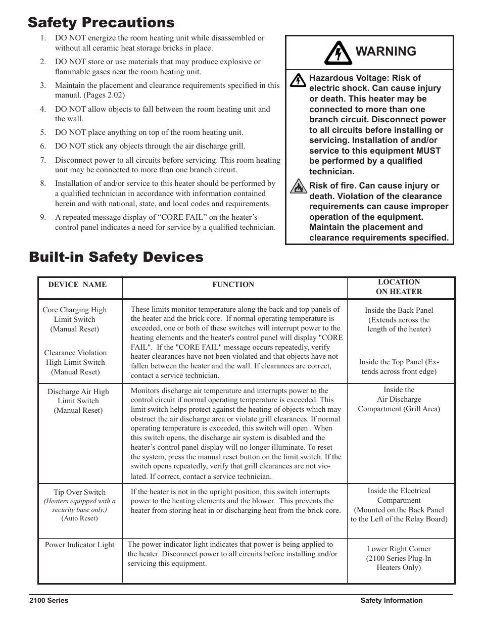 Safety precautions, Built-in safety devices, Warning | Steffes 2106 Owner & Installers Manual User Manual | Page 3 / 28