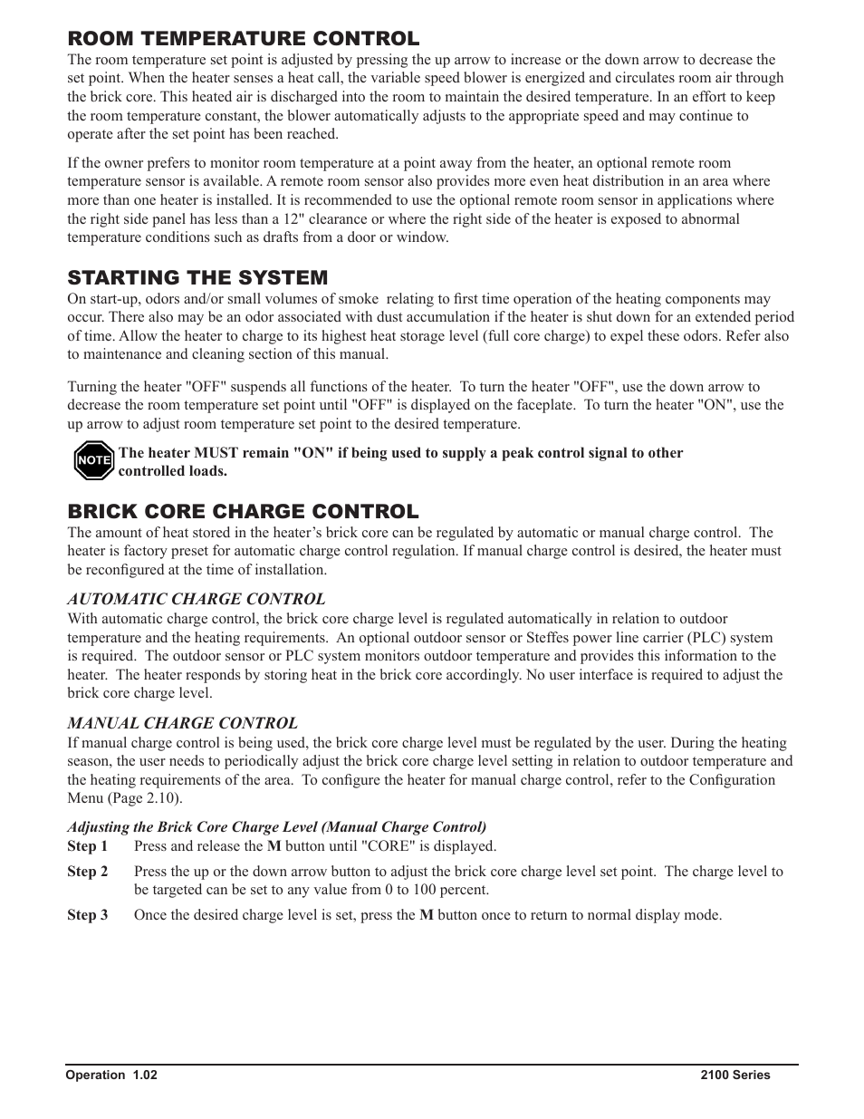 Room temperature control, Starting the system, Brick core charge control | Steffes 2106 Owner & Installers Manual User Manual | Page 6 / 28