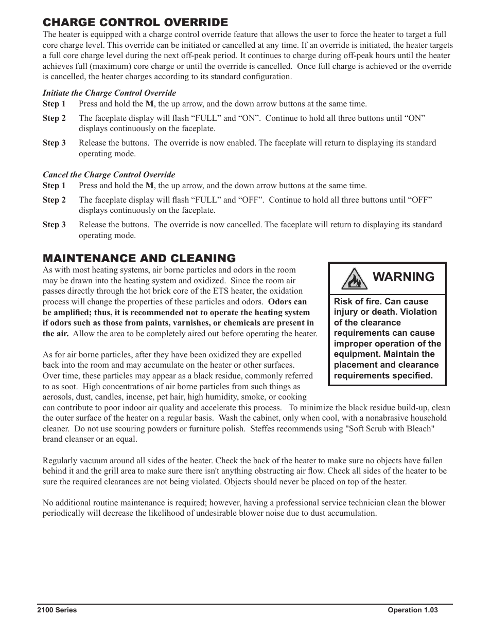 Warning, Charge control override, Maintenance and cleaning | Steffes 2106 Owner & Installers Manual User Manual | Page 7 / 28