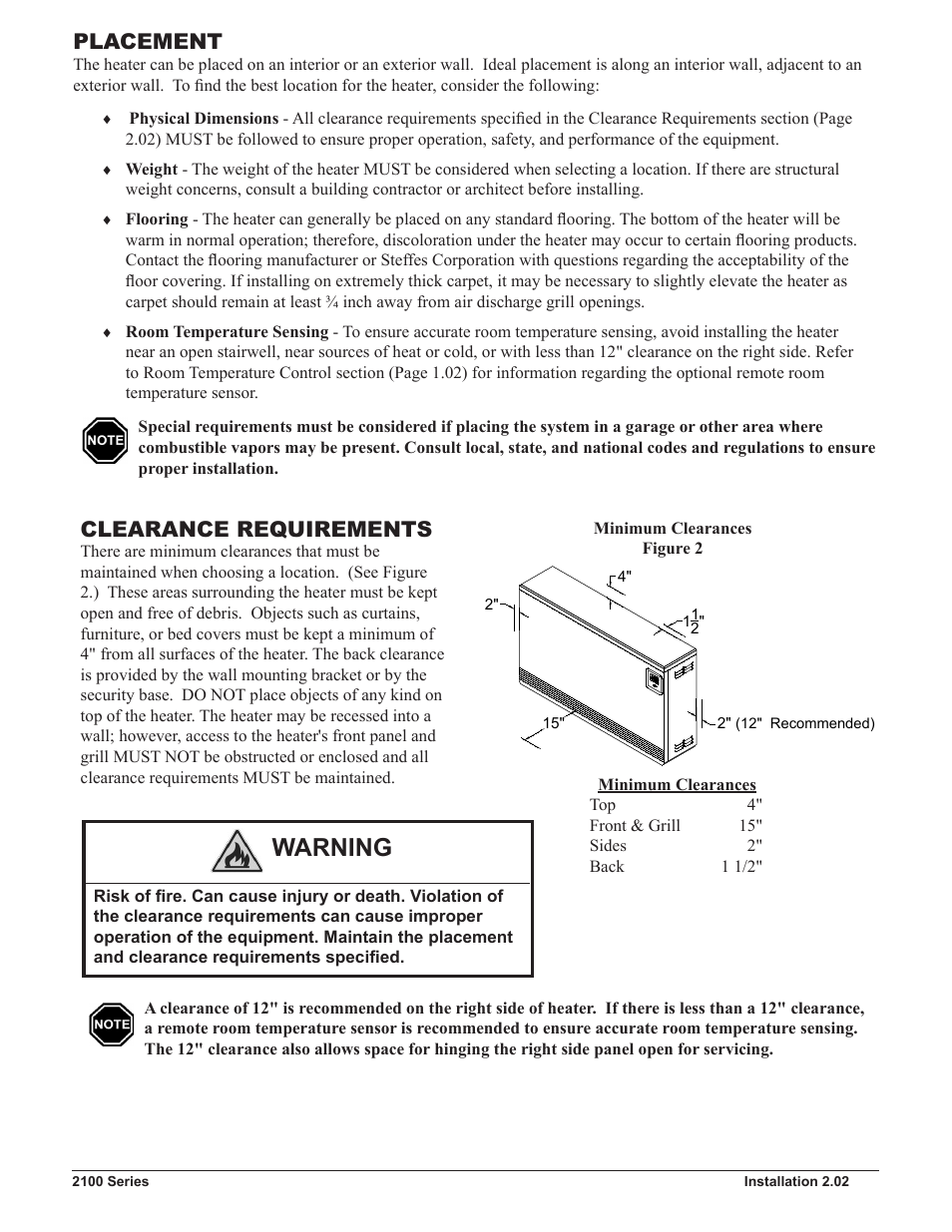 Warning, Clearance requirements, Placement | Steffes 2106 Owner & Installers Manual User Manual | Page 9 / 28