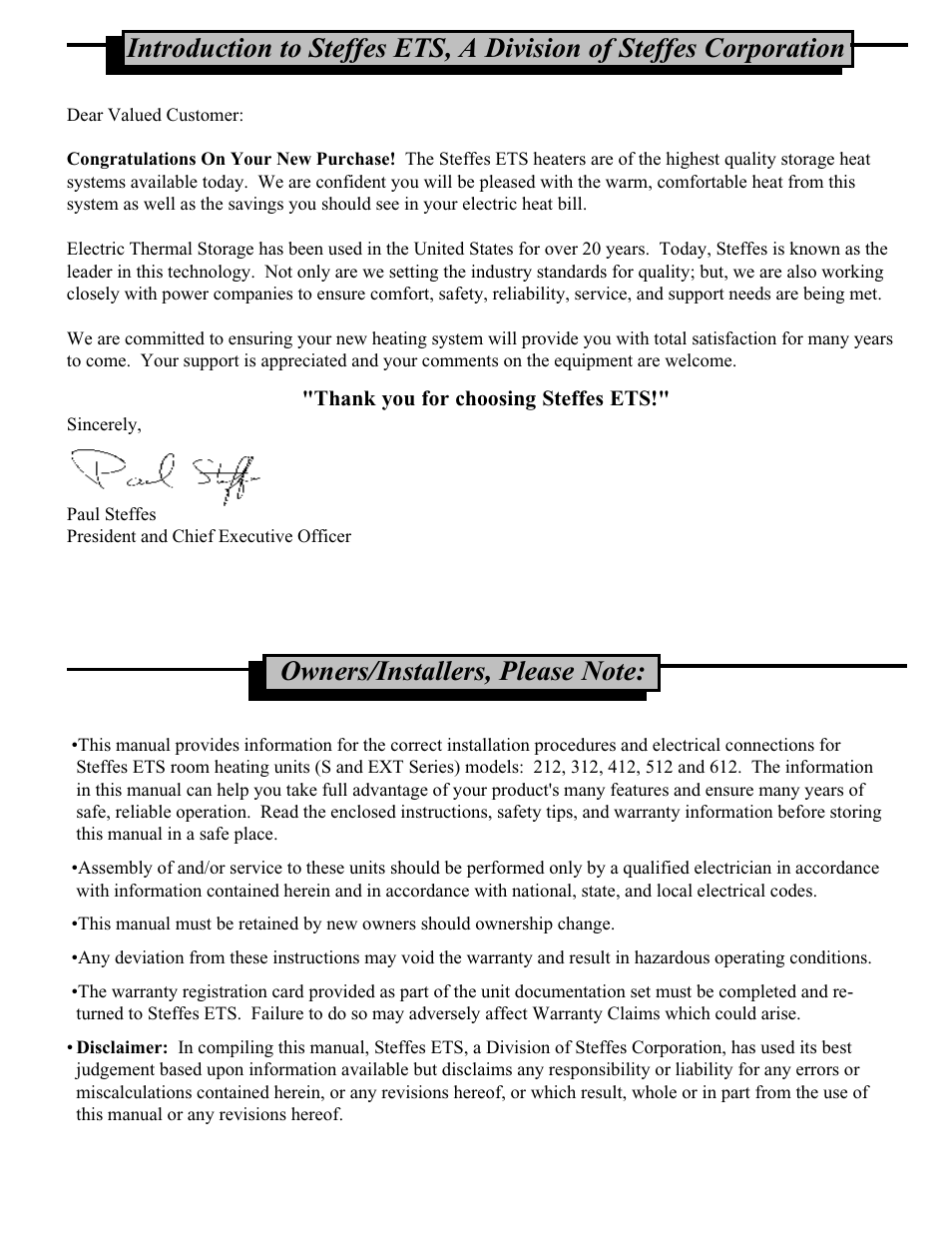 Steffes 612EXT Owner & Installers Manual User Manual | Page 2 / 28