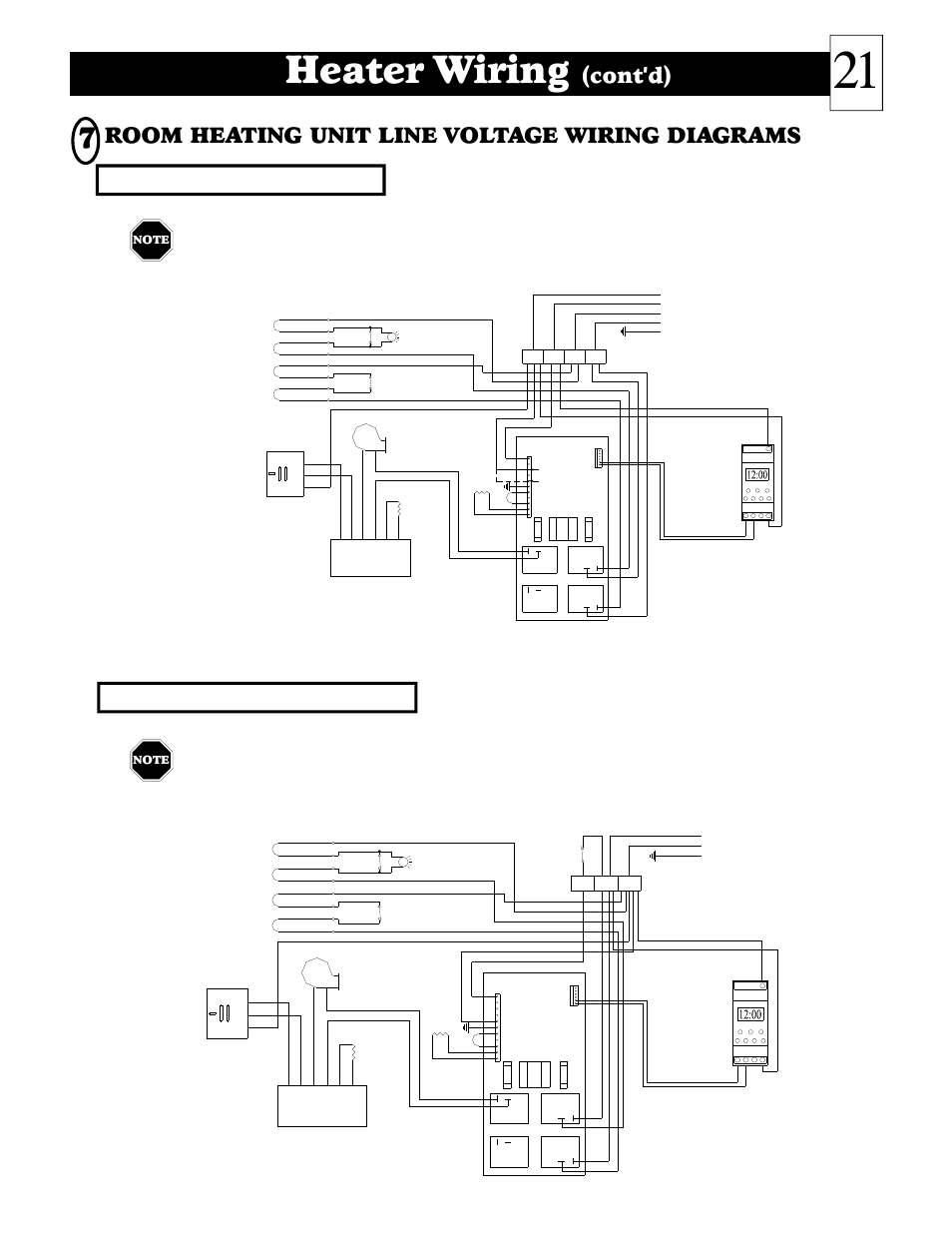 Heater wiring, Cont'd), Room heating unit line voltage wiring diagrams | Power cord, Fan circuit charge circuit, Controls and, Time clock optional, Optional time clock, T1 l1 l2 | Steffes 2006 User Manual | Page 22 / 35