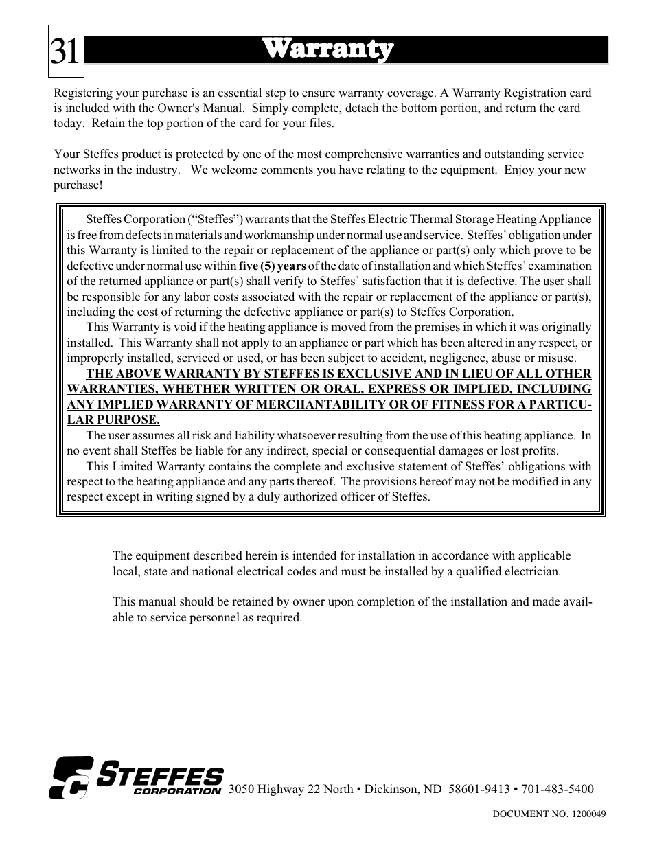 Wwar ar ar ar arranty ranty ranty ranty ranty | Steffes 1003 User Manual | Page 32 / 32