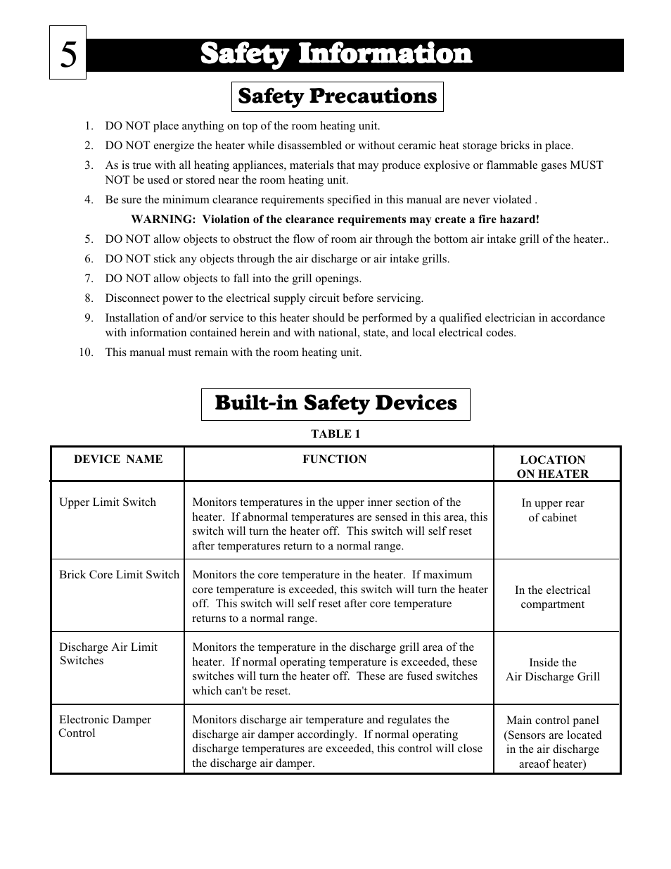Safety infor, Safety precautions, Built-in safety devices | Steffes 1003 User Manual | Page 6 / 32