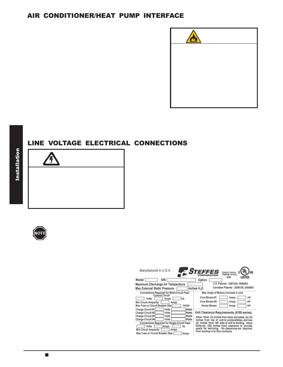 Warning, Line voltage electrical connections, Air conditioner/heat pump interface | Steffes 4140 Owner & Installers Manual User Manual | Page 16 / 40