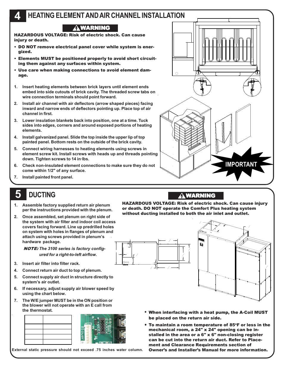 Heating element and air channel installation, Ducting, Important | Warning | Steffes 3120 Simplified Installation Guide User Manual | Page 2 / 4