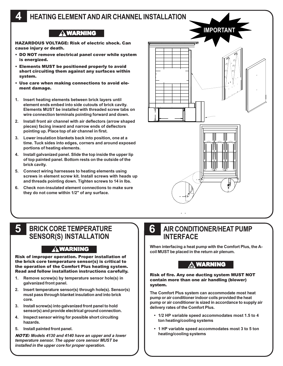 Heating element and air channel installation, Important, Warning | Steffes 4140 Simplified Installation Guide User Manual | Page 2 / 4