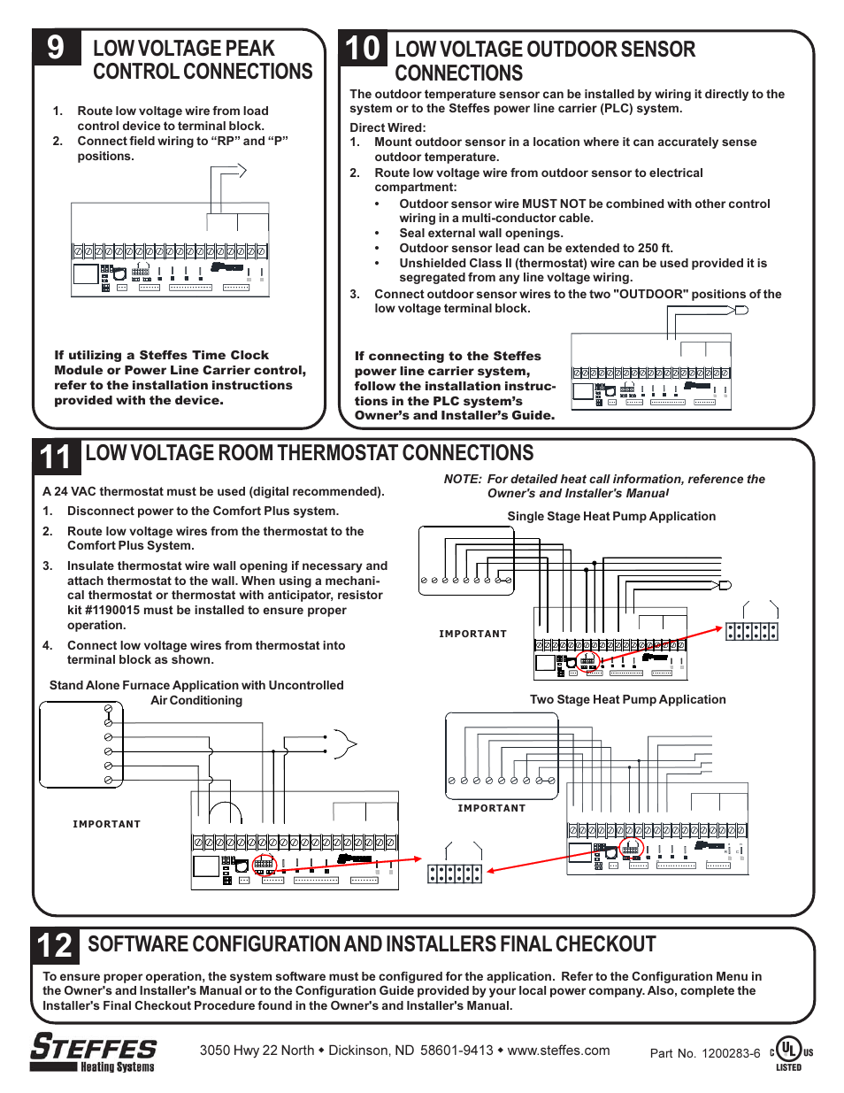 Low voltage peak control connections, Low voltage outdoor sensor connections, Low voltage room thermostat connections | We y 1 y 2, Cblower speed a b, Single stage heat pump application, Two stage heat pump application, D6 rly1, D4 fid 2, D1 j4 | Steffes 4140 Simplified Installation Guide User Manual | Page 4 / 4