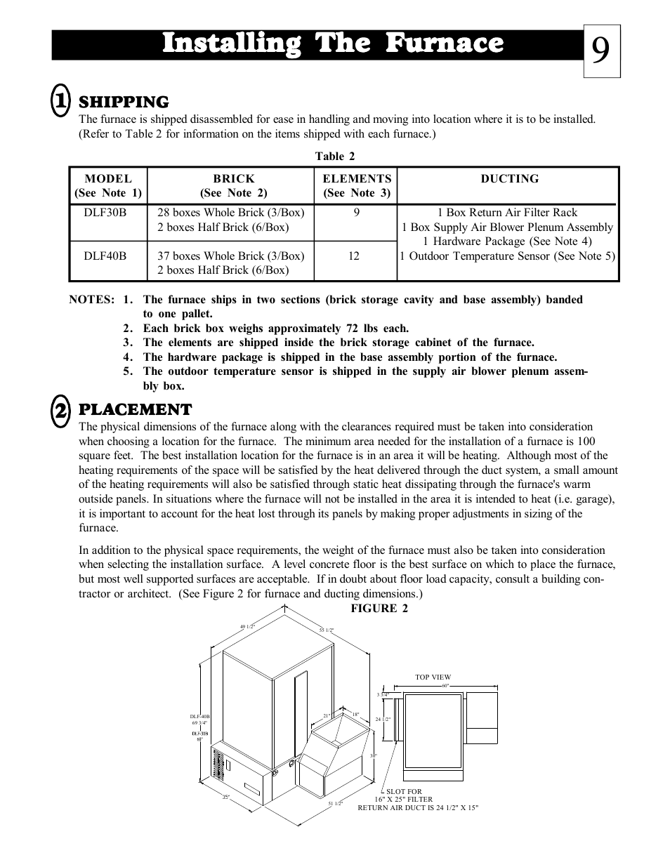 Installing the furnace, Shipping, Placement | Steffes DLF40B User Manual | Page 10 / 36