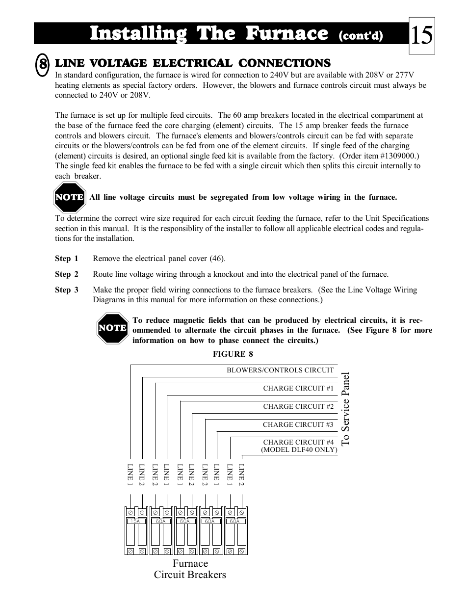 Installing the furnace, Furnace circuit breakers, Cont'd) | Line voltage electrical connections | Steffes DLF40B User Manual | Page 16 / 36