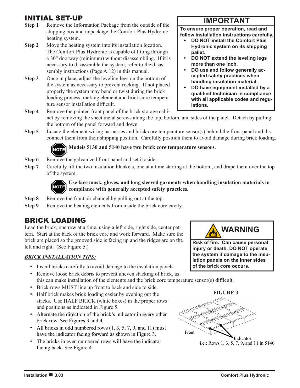 Important, Warning, Brick loading | Initial set-up | Steffes 5140 Owner & Installers Manual User Manual | Page 12 / 40
