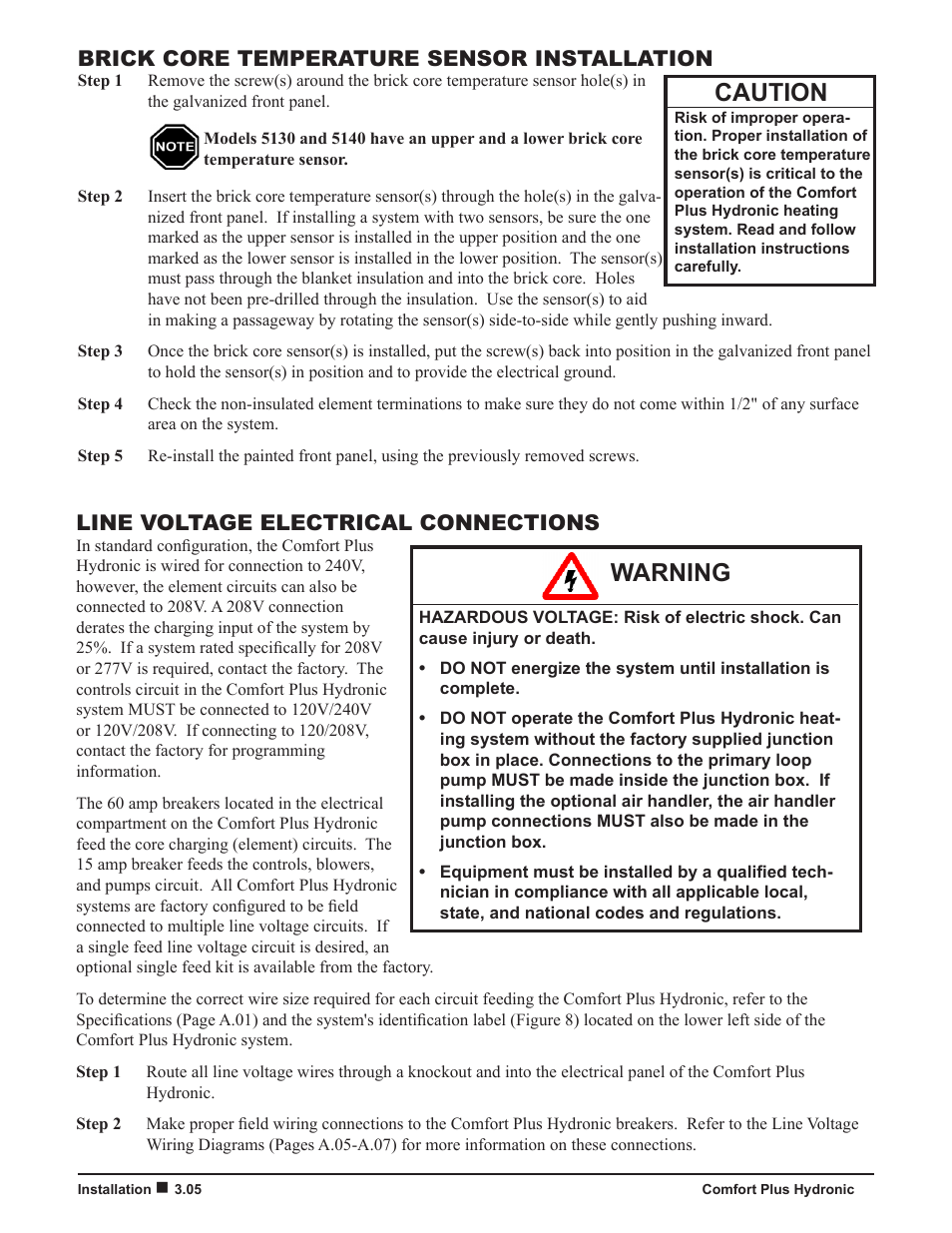 Caution, Warning, Brick core temperature sensor installation | Line voltage electrical connections | Steffes 5140 Owner & Installers Manual User Manual | Page 14 / 40
