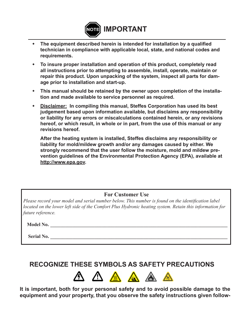 Important, Recognize these symbols as safety precautions | Steffes 5140 Owner & Installers Manual User Manual | Page 2 / 40