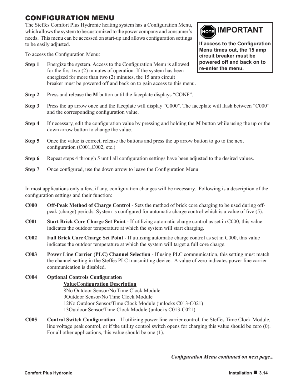 Important, Configuration menu | Steffes 5140 Owner & Installers Manual User Manual | Page 23 / 40