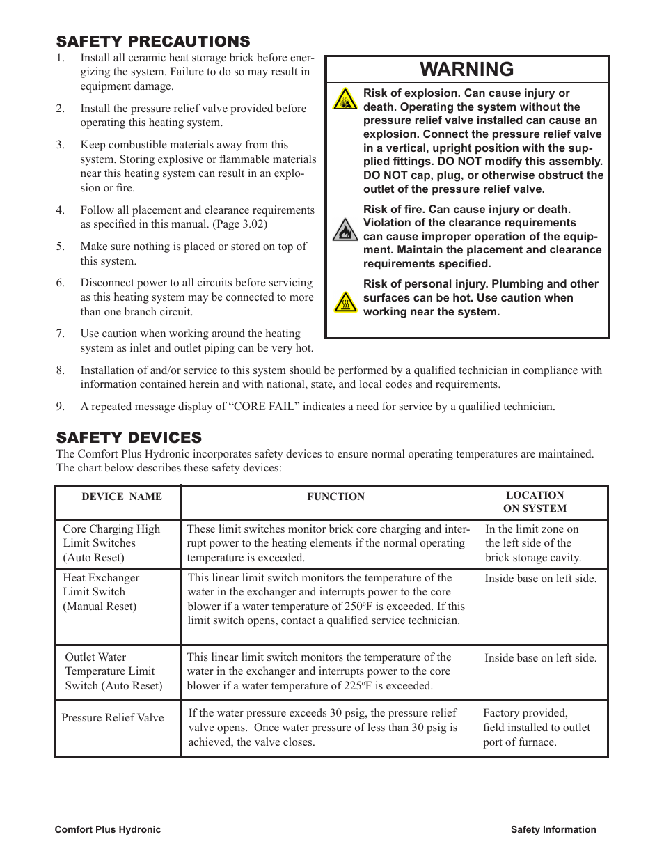 Warning, Safety precautions, Safety devices | Steffes 5140 Owner & Installers Manual User Manual | Page 3 / 40