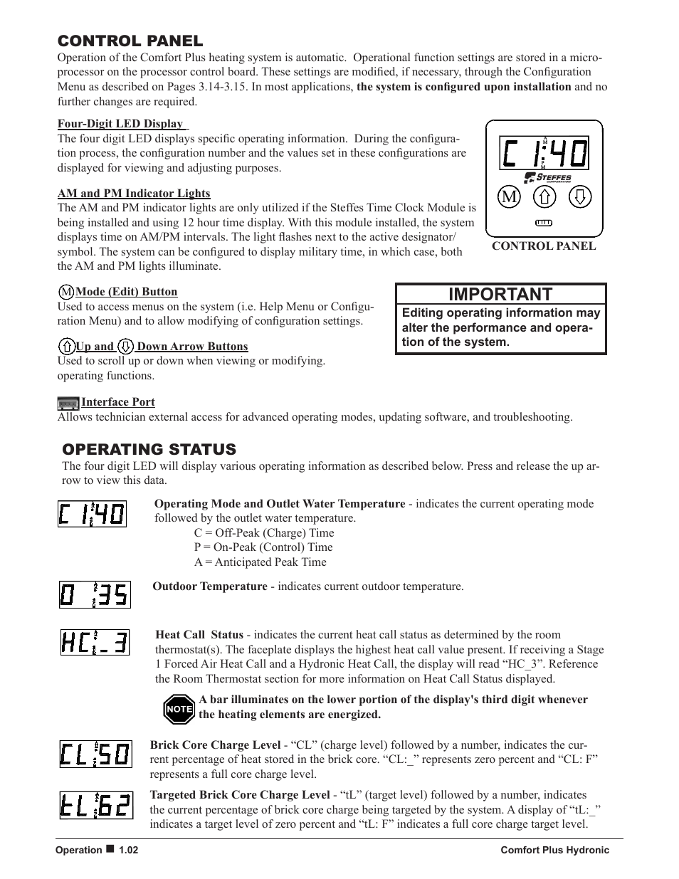 Important, Control panel, Operating status | Steffes 5140 Owner & Installers Manual User Manual | Page 6 / 40