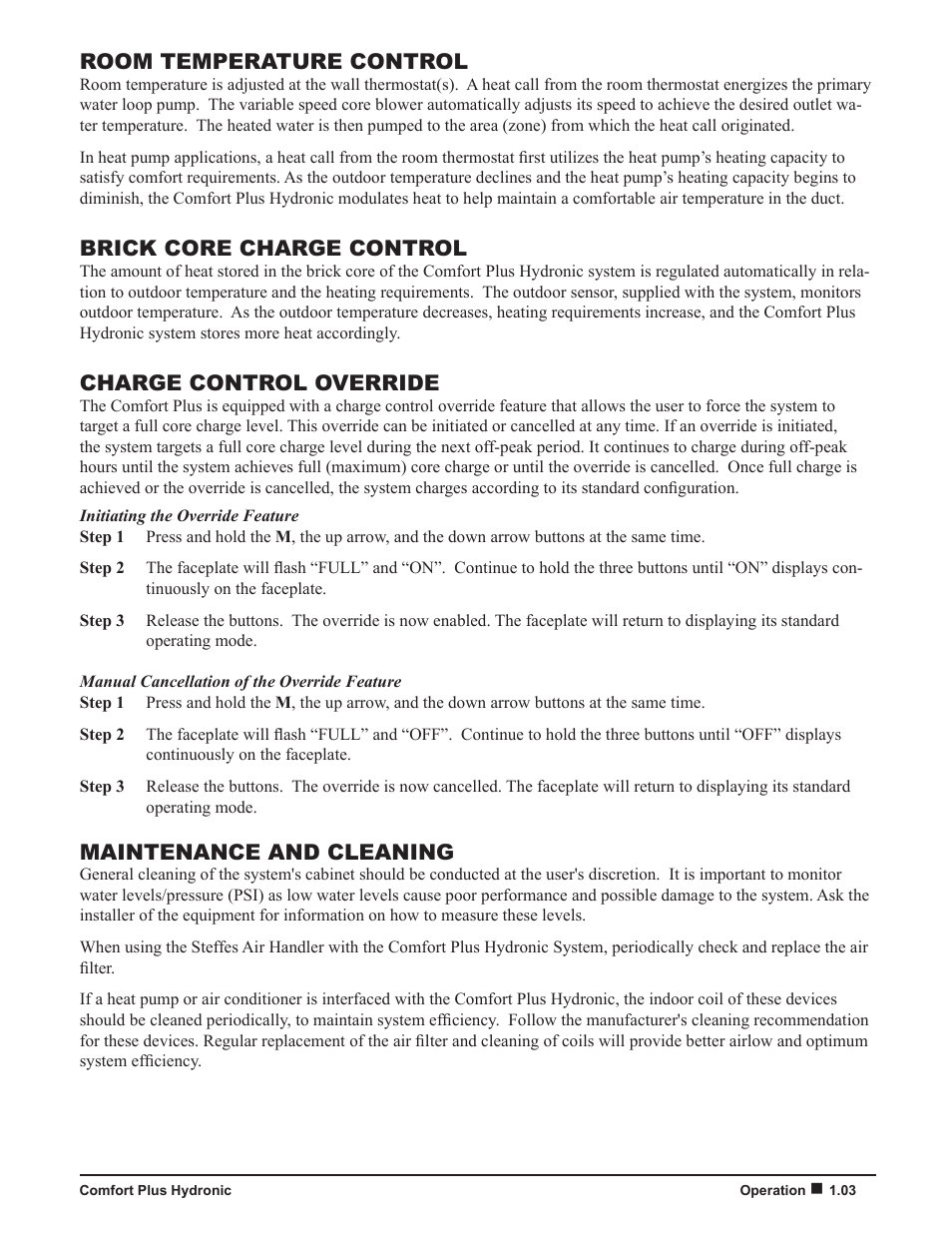 Room temperature control, Brick core charge control, Charge control override | Maintenance and cleaning | Steffes 5140 Owner & Installers Manual User Manual | Page 7 / 40