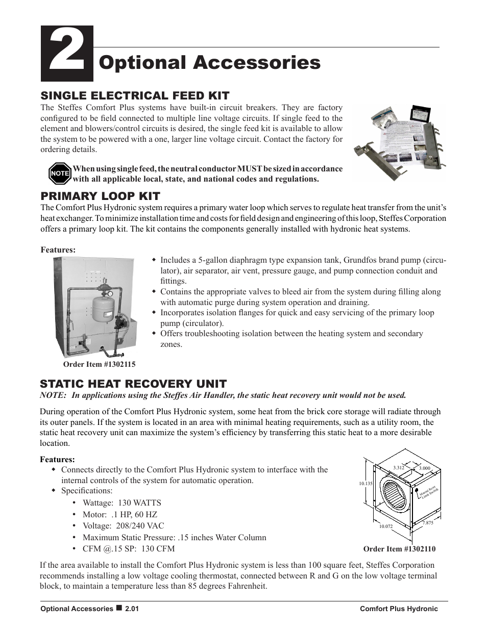 Optional accessories, Static heat recovery unit, Single electrical feed kit | Primary loop kit | Steffes 5140 Owner & Installers Manual User Manual | Page 8 / 40