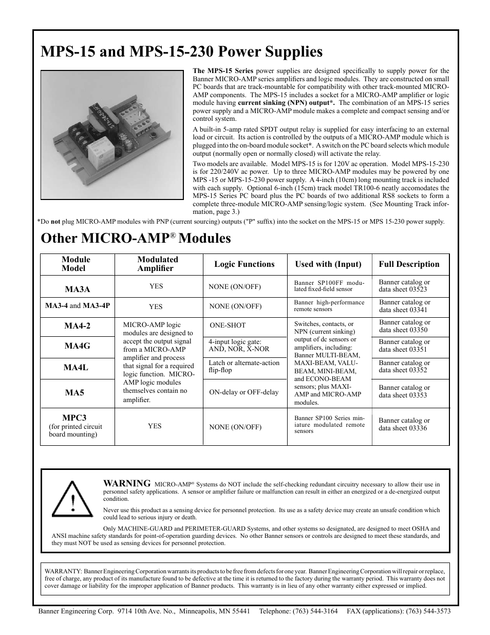 Other micro-amp, Modules, Warning | Banner Micro-Amp MA3 User Manual | Page 4 / 4