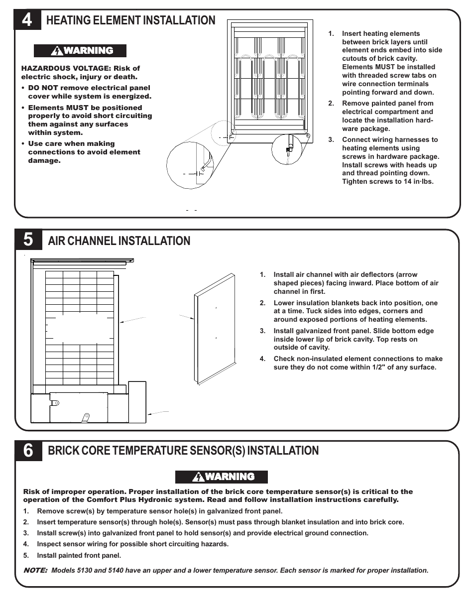 Heating element installation, Air channel installation, Brick core temperature sensor(s) installation | Steffes 5140 Simplified Installation Guide User Manual | Page 2 / 8