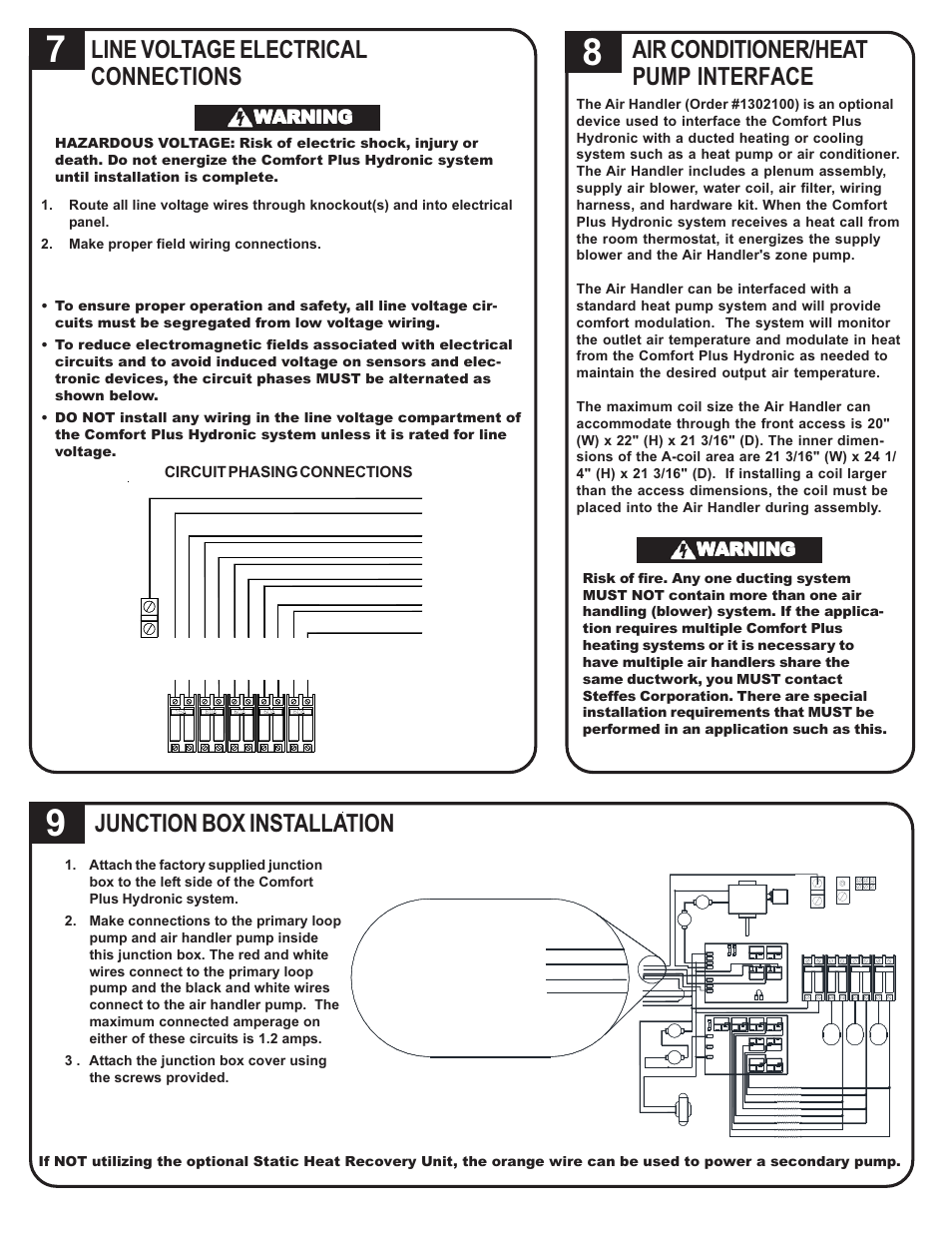 Line voltage electrical connections, Junction box installation, Air conditioner/heat pump interface | Warning, Circuit phasing connections, Circuit breakers | Steffes 5140 Simplified Installation Guide User Manual | Page 3 / 8