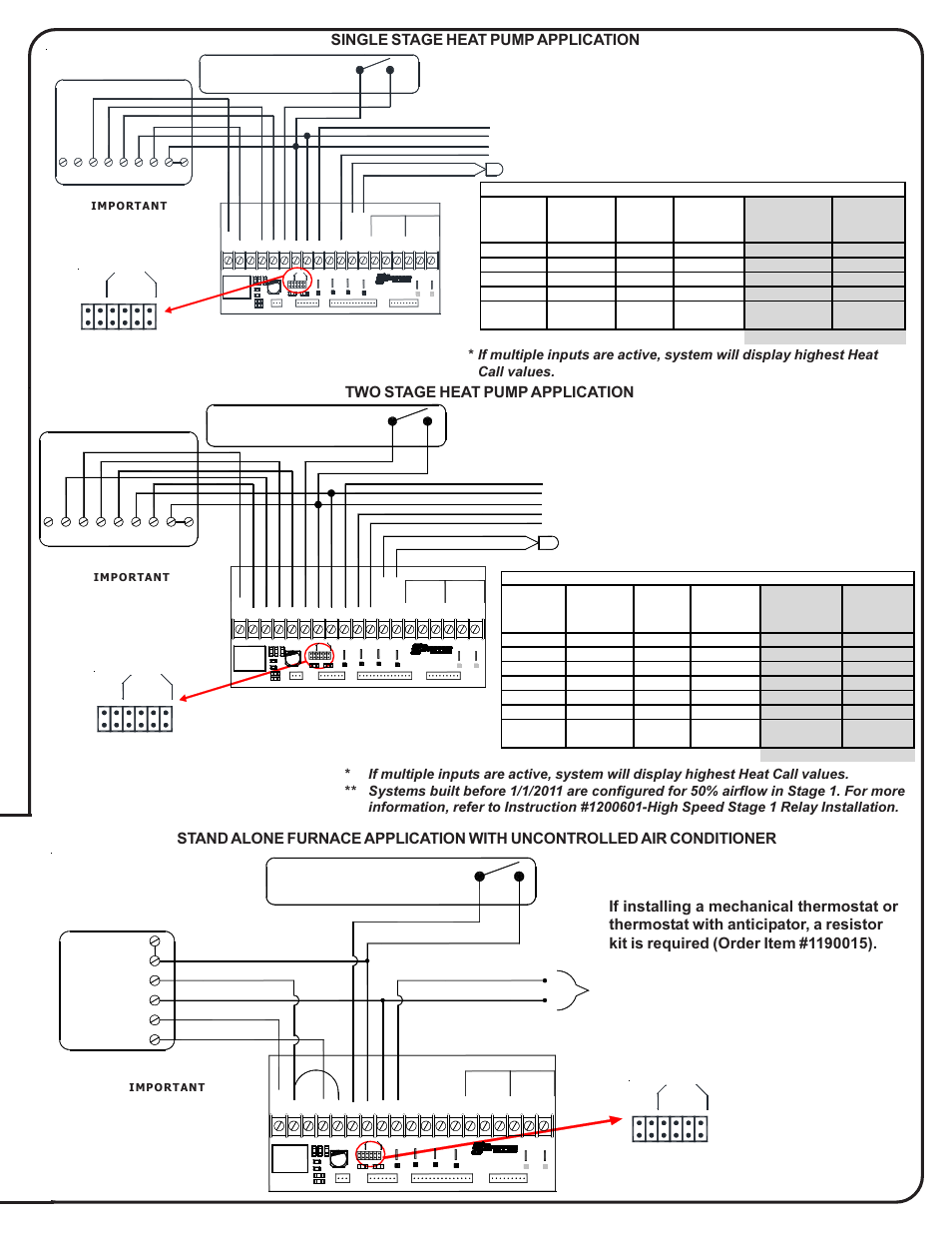 Two stage heat pump application, Rc w y, Y1 - compressor y2 - compressor stage 2 | The y1/y2 jumper must be installed, Aux. relay peak inputs, The w/e jumper must be removed | Steffes 5140 Simplified Installation Guide User Manual | Page 7 / 8