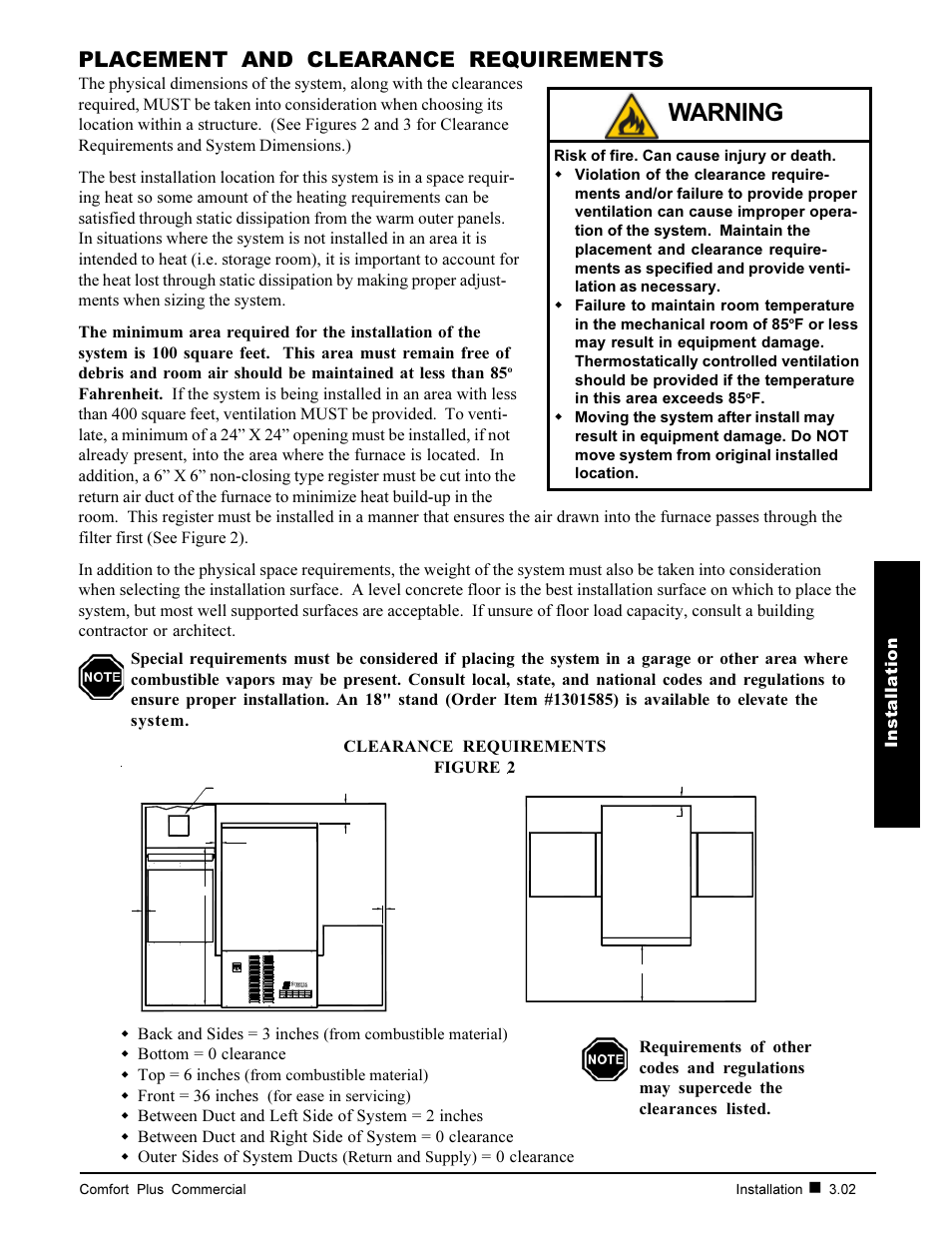 Warning, Placement and clearance requirements | Steffes 6140 User Manual | Page 11 / 34