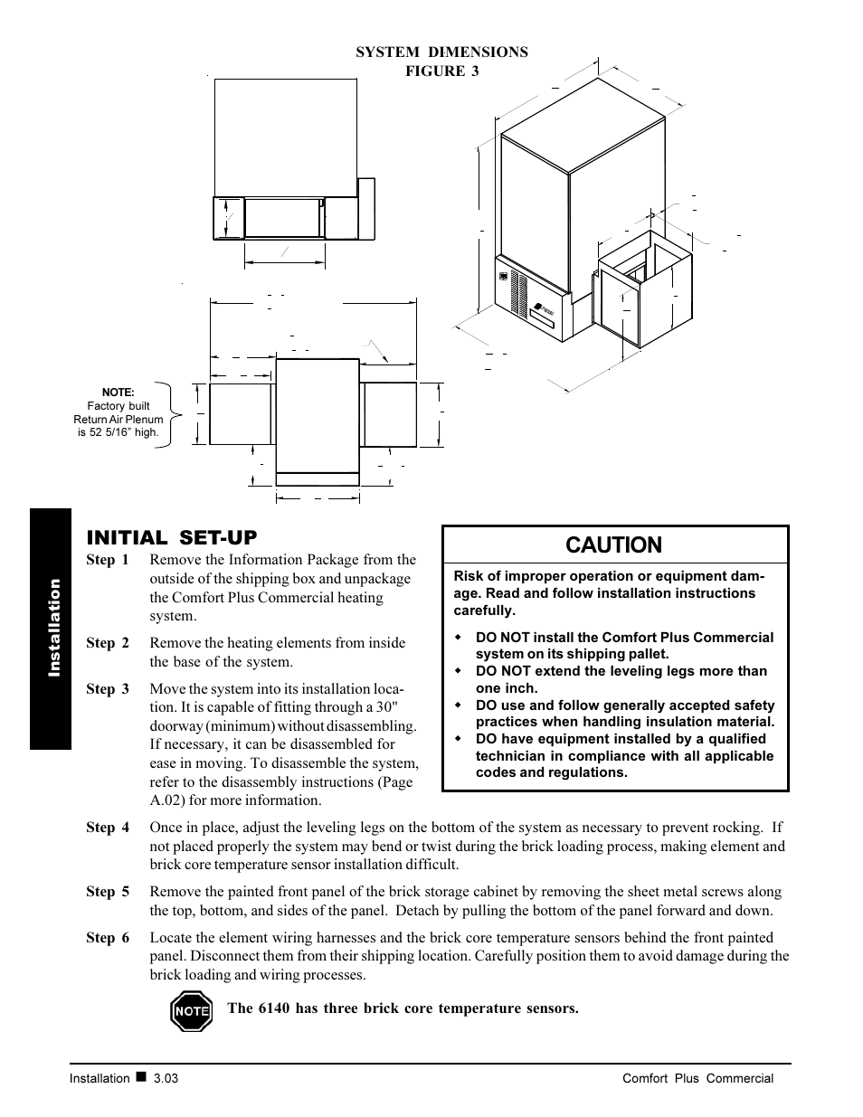 Caution, Initial set-up, Installation | System dimensions figure 3 | Steffes 6140 User Manual | Page 12 / 34