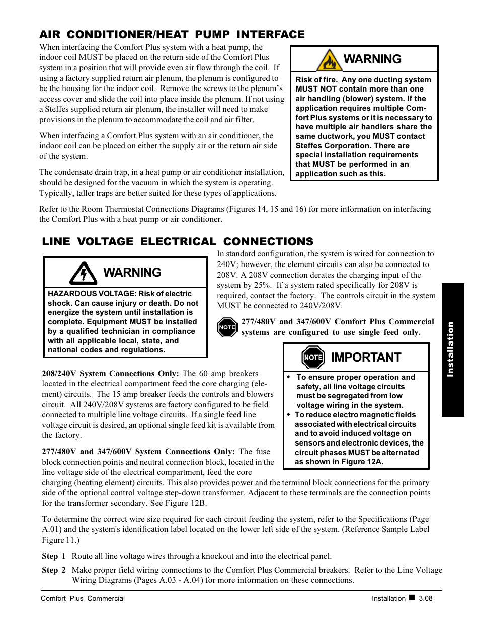 Warning, Important, Air conditioner/heat pump interface | Line voltage electrical connections | Steffes 6140 User Manual | Page 17 / 34
