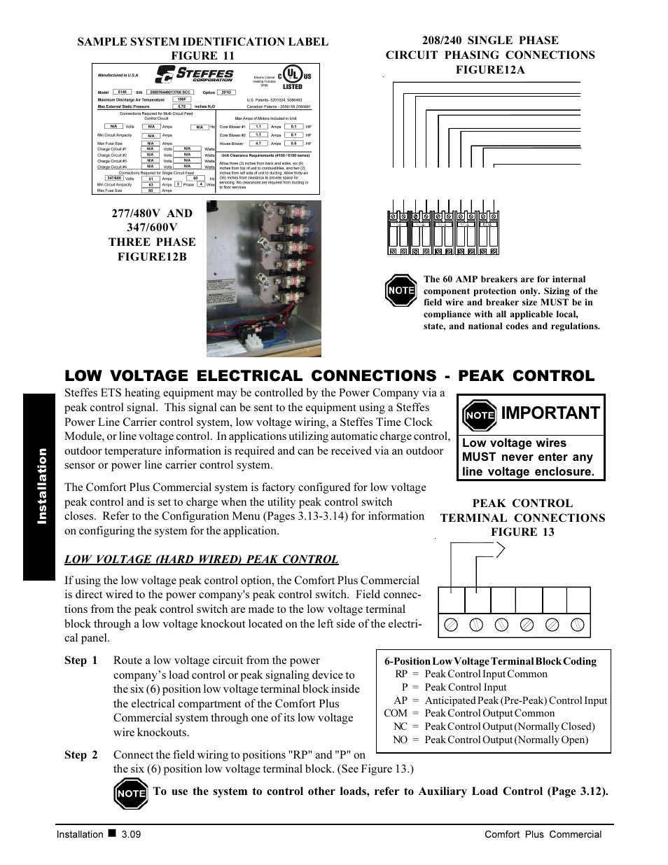 Important, Low voltage electrical connections - peak control, Installation | Peak control terminal connections figure 13 | Steffes 6140 User Manual | Page 18 / 34
