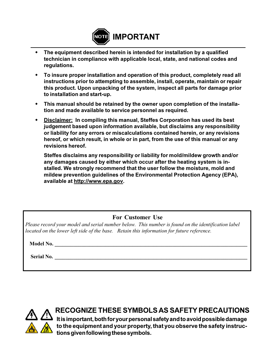 Important, Recognize these symbols as safety precautions | Steffes 6140 User Manual | Page 2 / 34