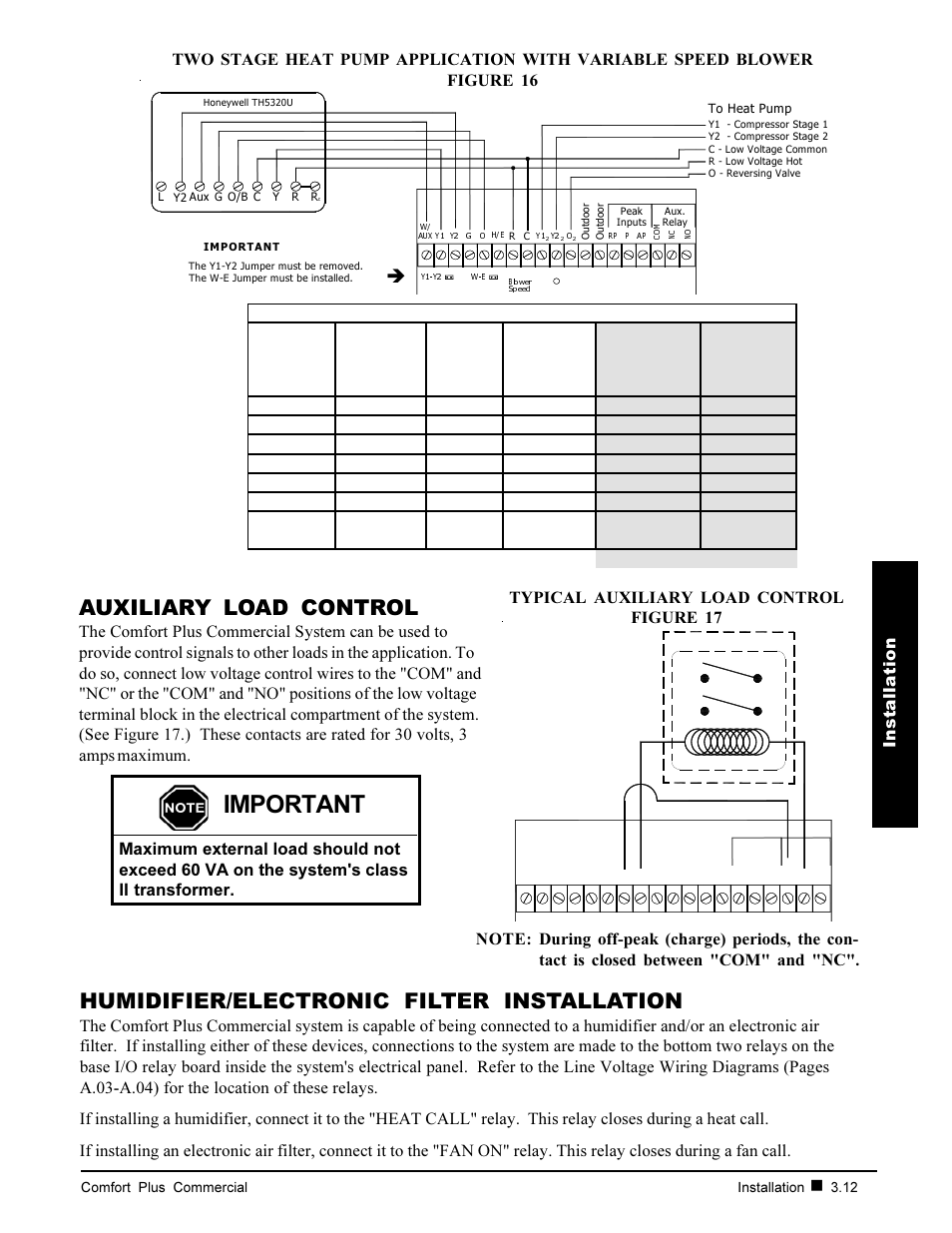 Important, Auxiliary load control, Humidifier/electronic filter installation | Installation | Steffes 6140 User Manual | Page 21 / 34