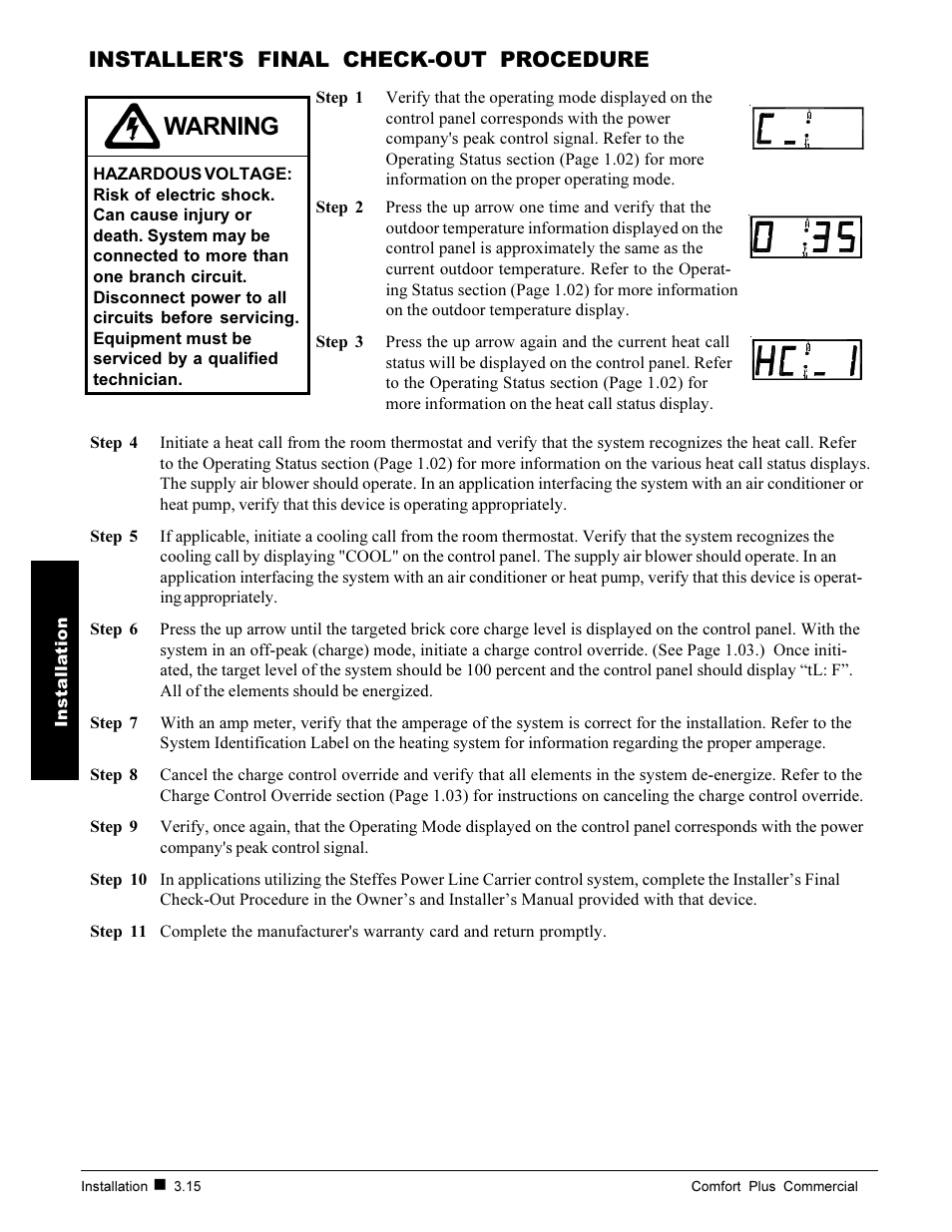 Warning, Installer's final check-out procedure | Steffes 6140 User Manual | Page 24 / 34