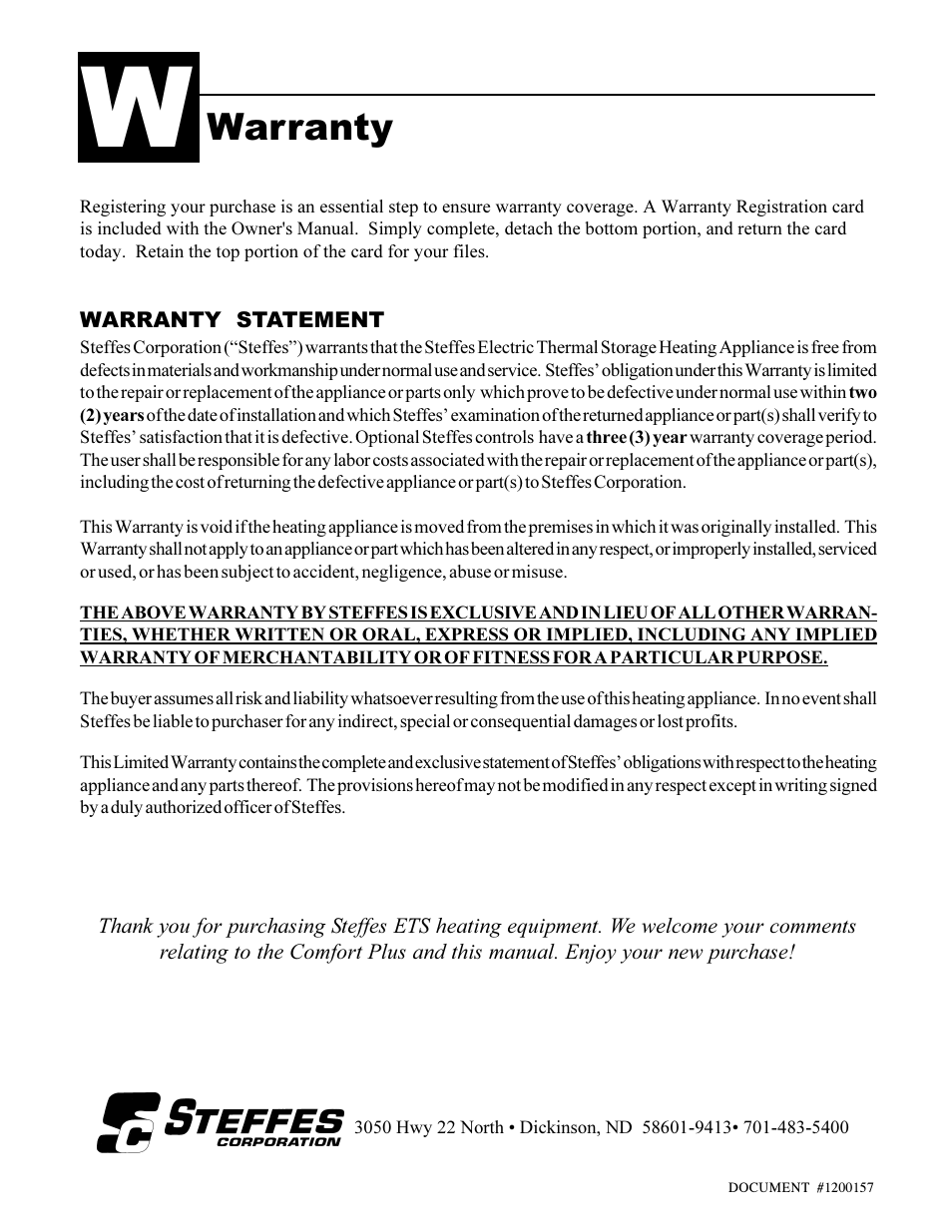 Warranty | Steffes 6140 User Manual | Page 34 / 34