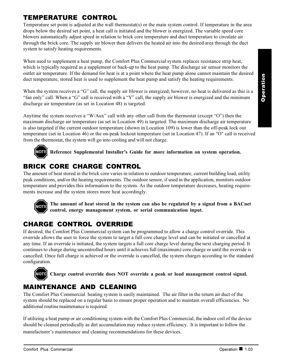 Temperature control, Brick core charge control, Charge control override | Maintenance and cleaning | Steffes 6140 User Manual | Page 7 / 34