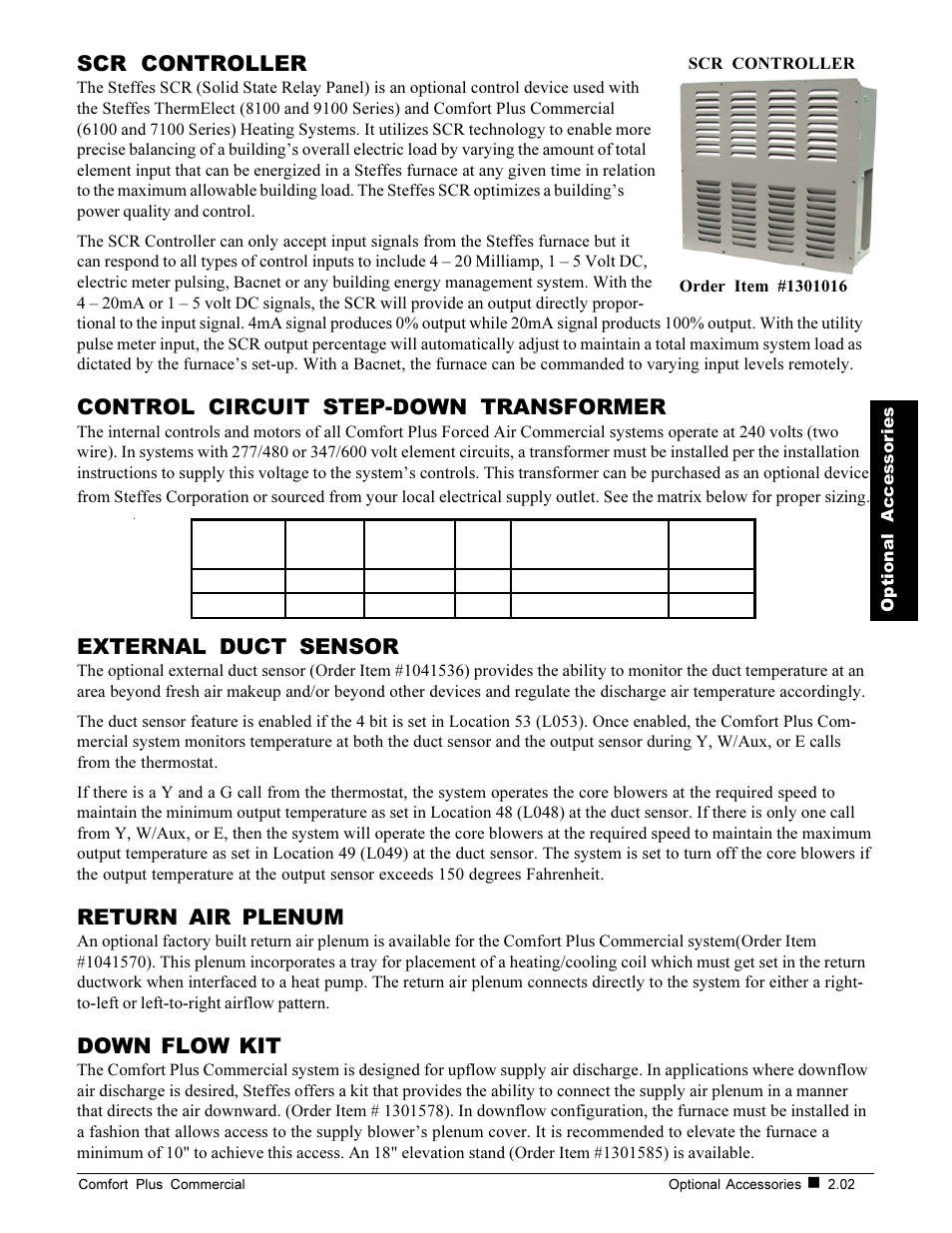 Scr controller, Control circuit step-down transformer, External duct sensor | Return air plenum, Down flow kit | Steffes 6140 User Manual | Page 9 / 34