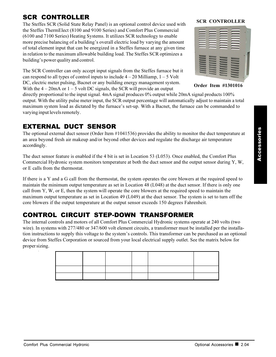 Control circuit step-down transformer, Scr controller, External duct sensor | Steffes 7140 User Manual | Page 11 / 46