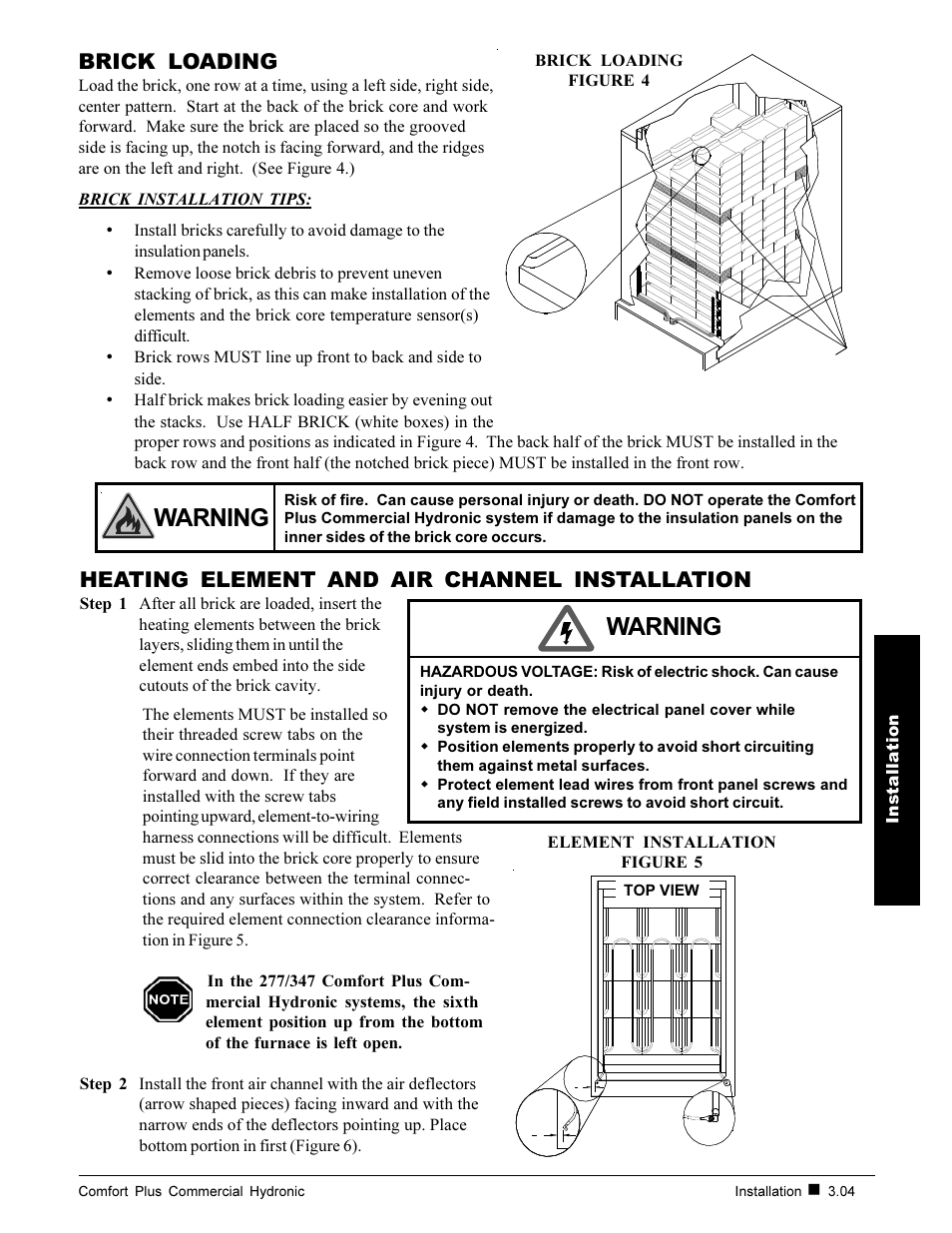 Warning, Brick loading, Heating element and air channel installation | Steffes 7140 User Manual | Page 15 / 46