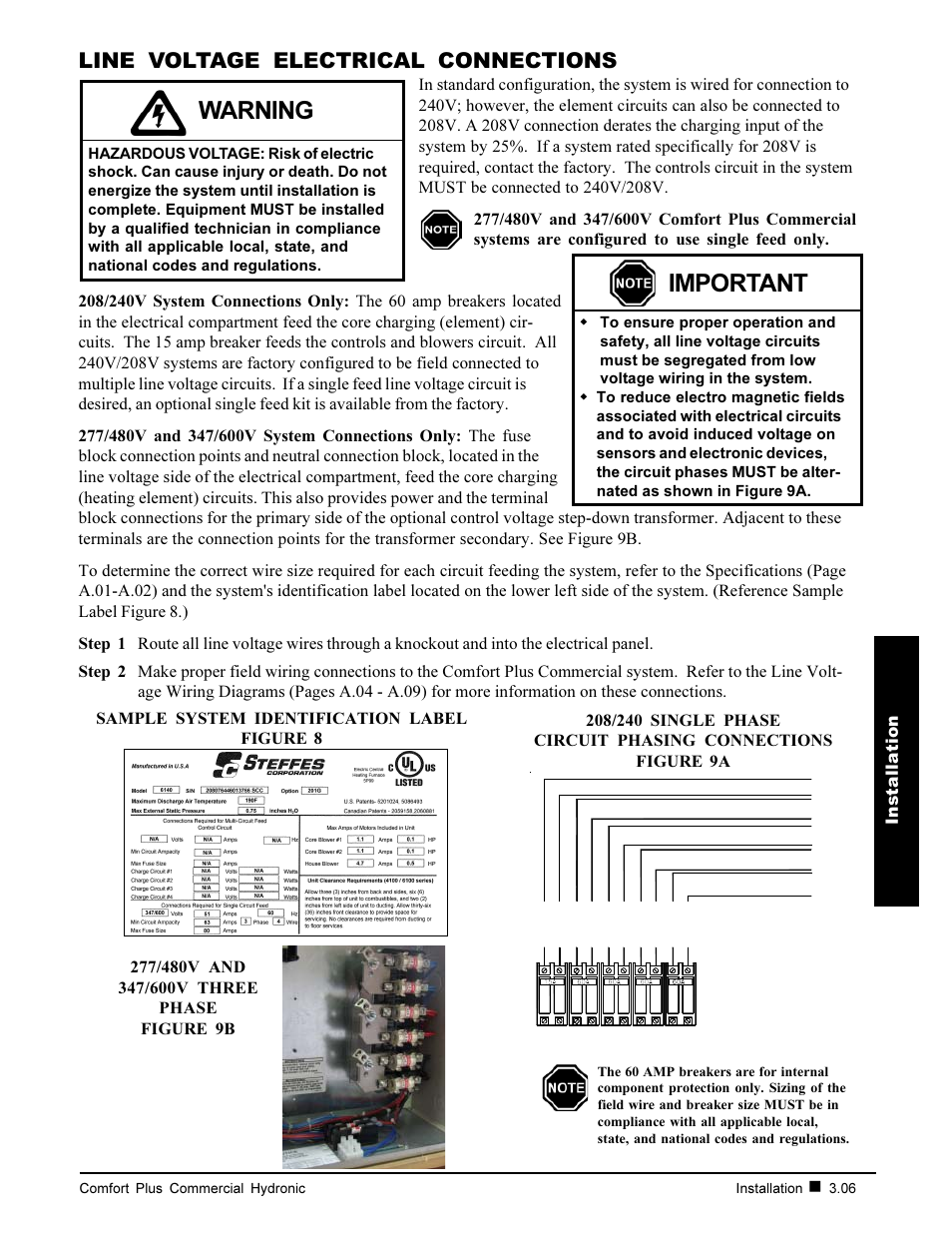Warning, Important, Line voltage electrical connections | Installation | Steffes 7140 User Manual | Page 17 / 46