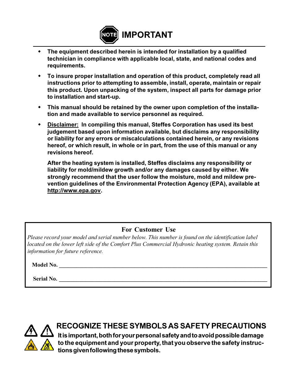 Important, Recognize these symbols as safety precautions | Steffes 7140 User Manual | Page 2 / 46
