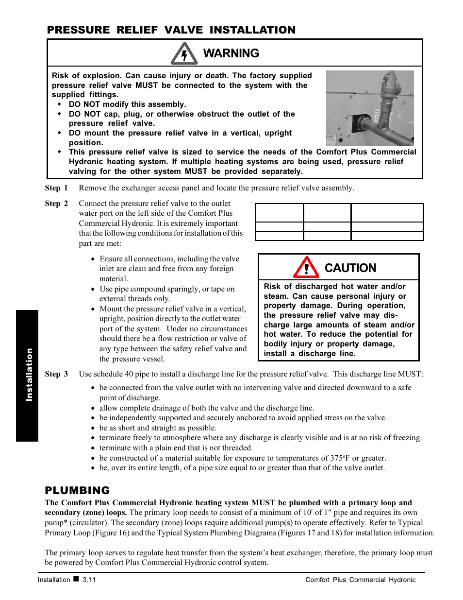 Caution, Warning, Plumbing | Pressure relief valve installation | Steffes 7140 User Manual | Page 22 / 46