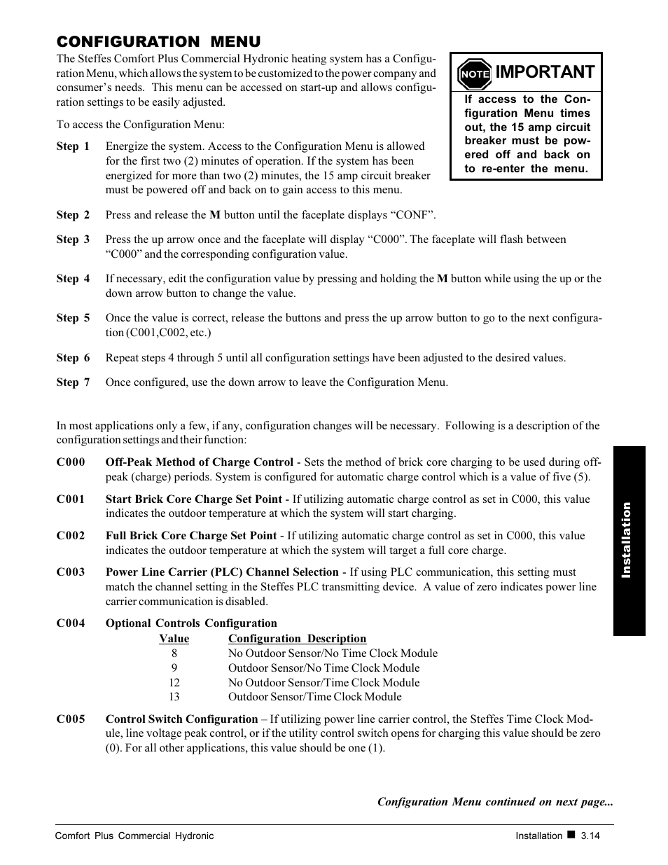 Important, Configuration menu | Steffes 7140 User Manual | Page 25 / 46
