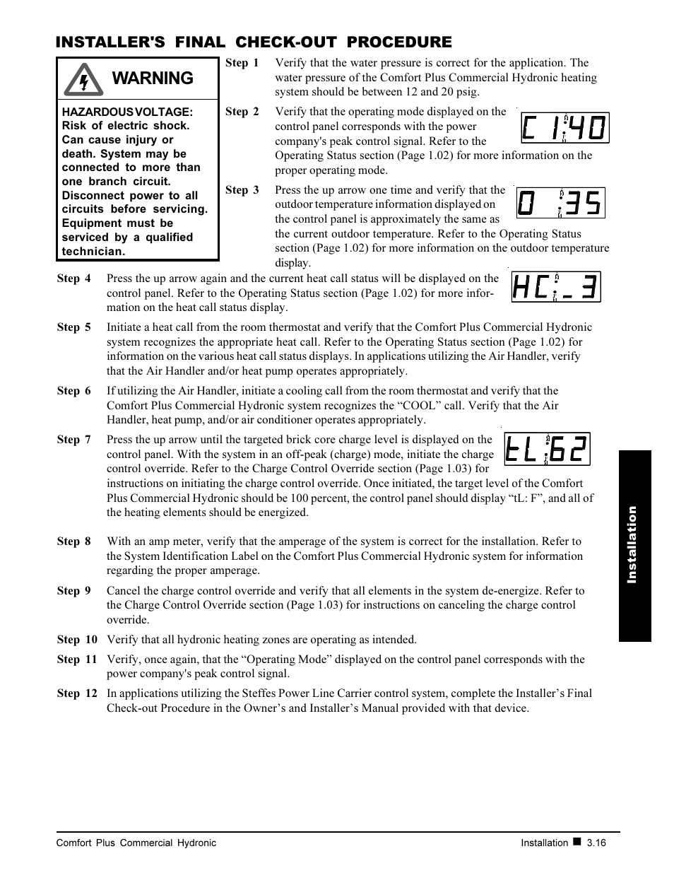 Warning, Installer's final check-out procedure | Steffes 7140 User Manual | Page 27 / 46