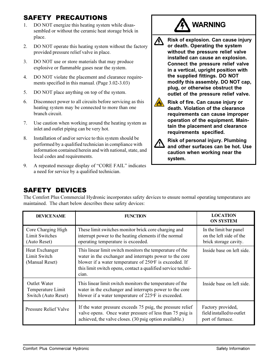 Warning, Safety precautions, Safety devices | Steffes 7140 User Manual | Page 3 / 46