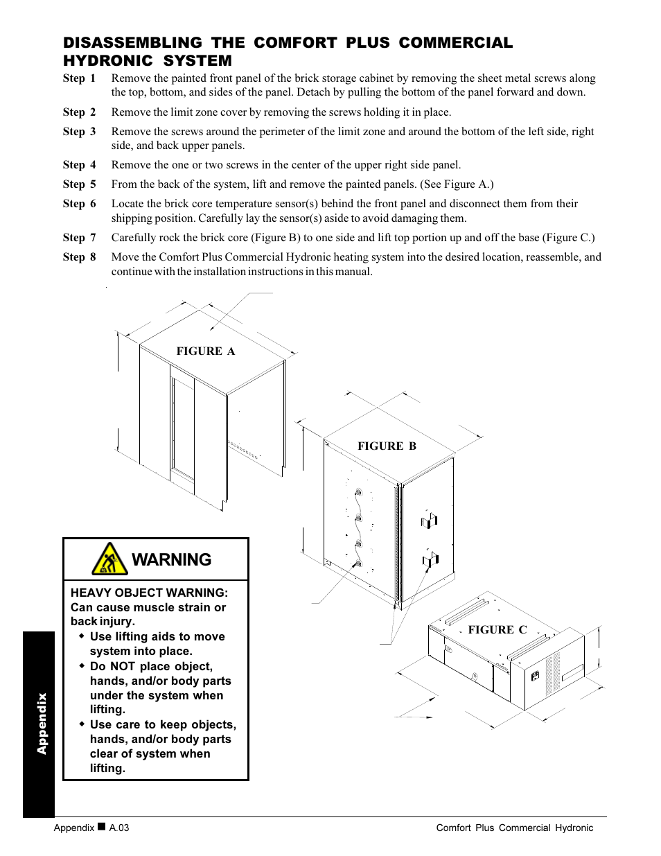 Warning, Appendix, Use lifting aids to move system into place | Steffes 7140 User Manual | Page 30 / 46