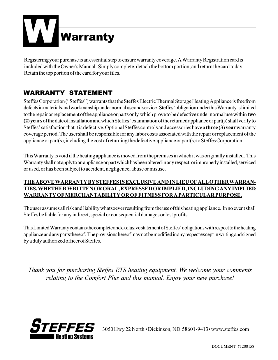 Warranty | Steffes 7140 User Manual | Page 46 / 46