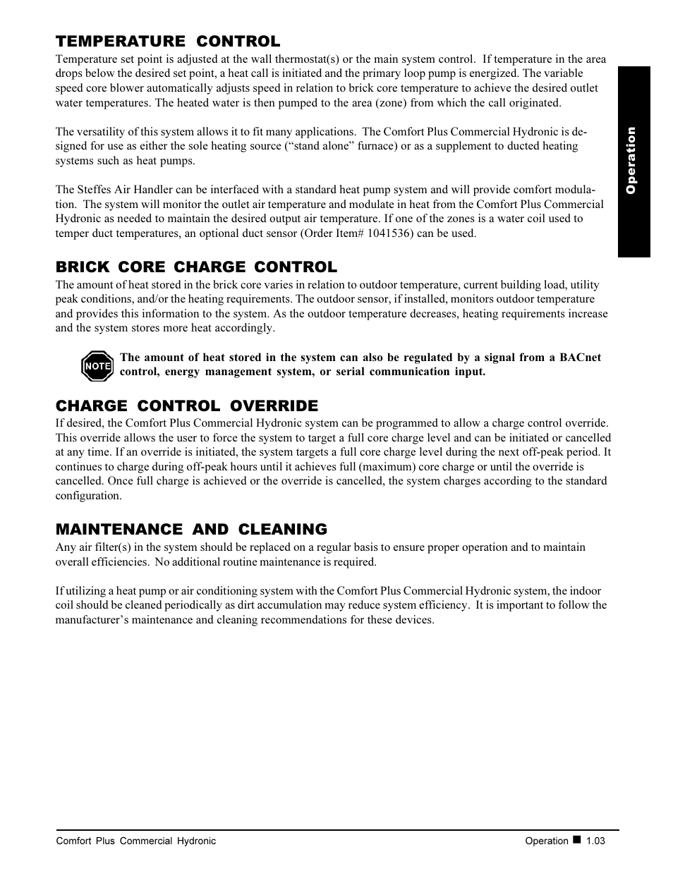 Temperature control, Brick core charge control, Charge control override | Maintenance and cleaning | Steffes 7140 User Manual | Page 7 / 46